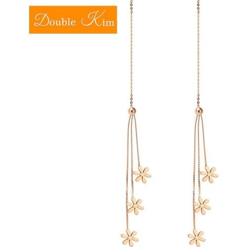 Long Flower Tassel Earrings Titanium Stainless Steel Rose Gold Color Temperament Fashion Trendy Women Jewelry Gift