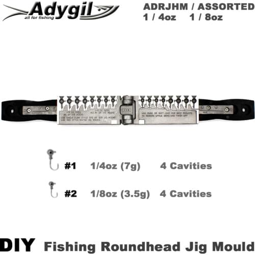 Adygil DIY Fishing Roundhead Jig Mould ADRJHM/ASSORTED COMBO 1/4oz(7g), 1/8oz(3.5g) 8 Cavities