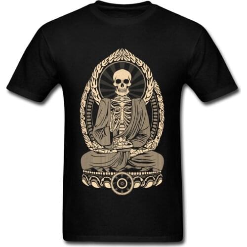 Starving Buddha Skeleton T-shirt Print Men T Shirt Aged Skull Tshirt Unique Design Adult Clothing Black Tops Cotton Tees
