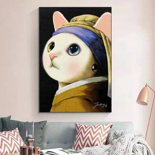 Cartoon cat printed canvas, modern art oil painting, poster, Nordic art mural, home decoration painting, living room decoration