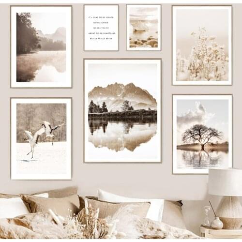 Autumn Forest Lake Sunset Fog Beige Line Wall Art Canvas Painting Nordic Posters And Prints Wall Pictures For Living Room Decor