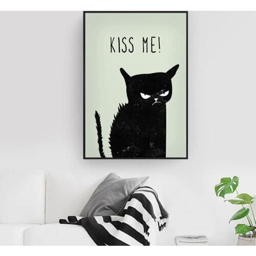Canvas Prints Painting Nordic Style Angry Black Cats Kiss Me Posters Wall Art Animal Pictures For Living Room Home Decoration