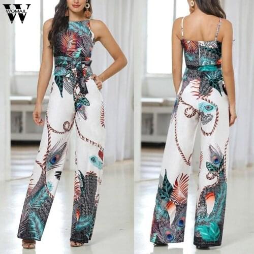 Womail bodysuit Women Fashion Feather Printed Sleeveless With Pocket Simple Beach Ladies Wide Leg long Jumpsuits Holiday J711