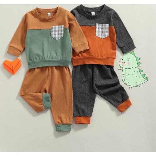 FOCUSNORM 0-24M Autumn Baby Boys Clothes Sets 2pcs Plaid Printed Patchwork Long Sleeve Pullover Tops Pants