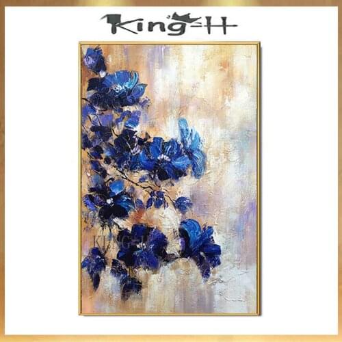 Beautiful drak blue flowers for wall decoration Pure handmade oil painting on canvas wall art picture for living room bed