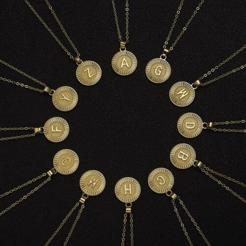 Round A-Z Square Letters Necklace Initial Pendant Chain English Letter Alphabet Jewelry Stainless Steel Necklace for Unisex