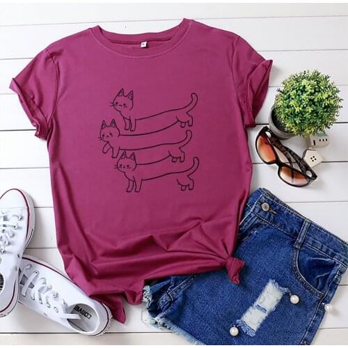 Cat Cute and Fun Print Short Sleeve Trend 100% Cotton Top T-shirt Women goth y2k top woman tshirts women sexy tops tshirt