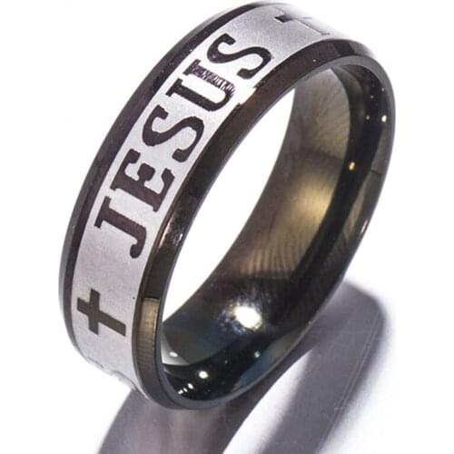 Men Women Letter Jesus Ring Titanium Stainless Steel Gold Black Silver Color Cross Rings Couple Fashion Party Jewelry Gift