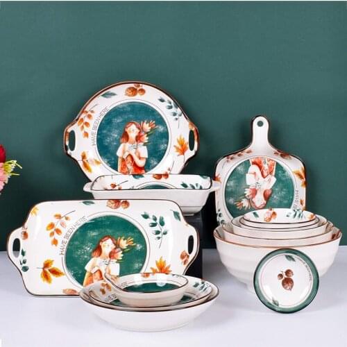 Japanese style autumn fairy tale ceramic bowl and plate set tableware underglaze color plate soup bowl fish plate household