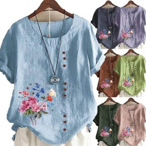 New Summer Fashion Casual Floral Print Loose T-shirt Cotton and Linen Round Neck Plus Size Short-sleeved Womens Blouse S-5XL