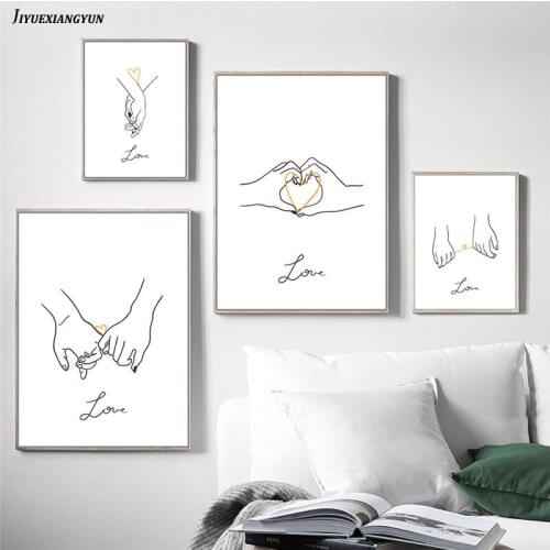 Yellow Line Holding Hands Poster Minimalist Line Drawings Wall Art Nordic Sweet Love Wall Pictures Bedroom Decor