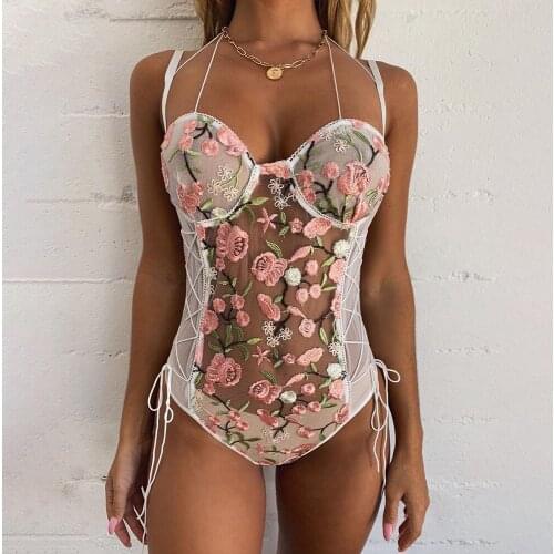 Sexy lingerie bodysuits manufacturer factory Spring new heavy craft lace flower mesh bandage stitching one-piece suit wholesale