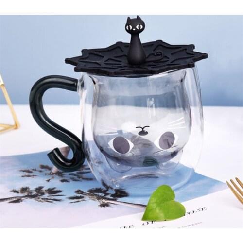 Double Wall Glass Milk Juice Cup Creative Cute Cat Shape Coffee Mug Cartoon Couple Teacup with Cover Household Office Drinkware