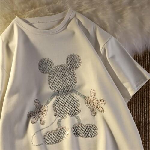 Heavy industry short sleeve hot drill mouse cotton American 2021 summer loose top womens printed fashion T-shirt