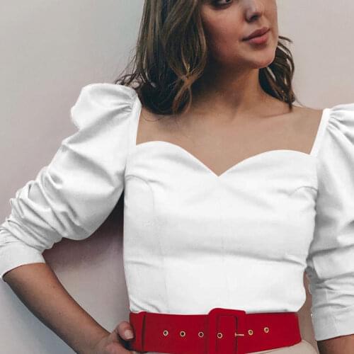 Vintage Women Ladies Ruffle Puff Sleeve Slim Blouses Solid Low-cut V-Neck Bodycon Shirts Elegant Lady Plain Shirts Tops