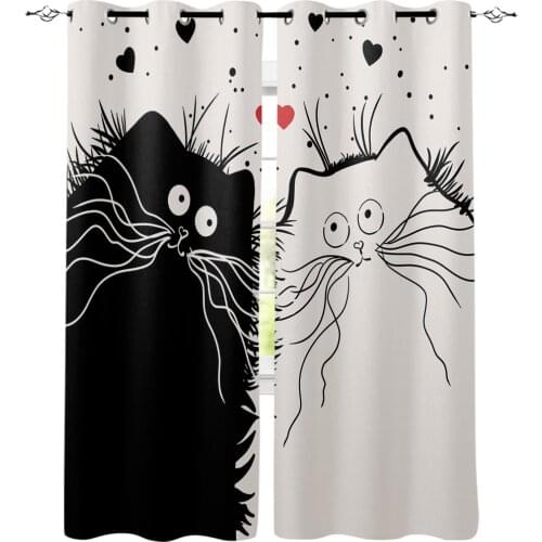 Black White Cat Room Curtains Large Window Curtain Lights Living Room Bedroom Kitchen Outdoor Kids Window Treatment Valances