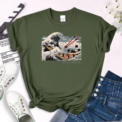Female T Shirt Anime Sushi Rice Balls Surfing The Sea Print Top Womens Oversize Harajukua Soft O-Neck Tee Lady Cozy Slim Clothes