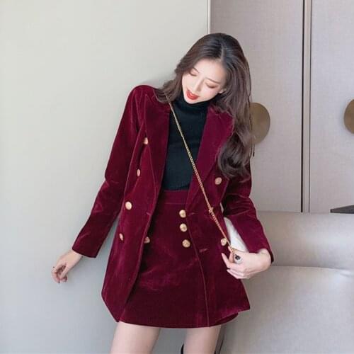 Women Professional Double-Bbreasted Ggold Velvet Suit Suits Retro Casual Jacket + High Waist Skirt 2-Ppiece Sets Female Wine Red