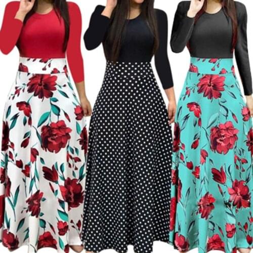 Summer Style Ladies Size Women Autumn Print Stitching Flower Casual Long Vestidos Bodycon Elegant Sexy Long Dress