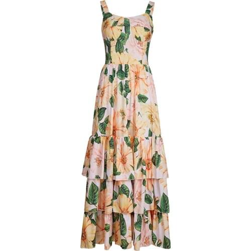 Woman Summer Fashion Plus Size Runway Cotton Dress Womens Spaghetti Strap Ruffles Flower Print Long Elegant Holiday Dresses