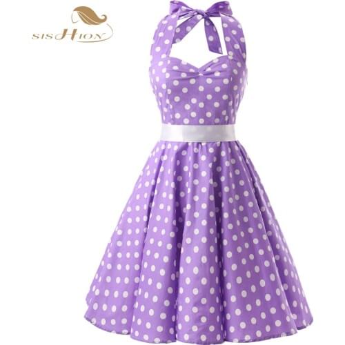 SISHION 100% Cotton Summer 50s 60s Retro Vintage Dresses XXL Plus Size Polka Dots Lilac Purple Black Swing Women Dress VD0068