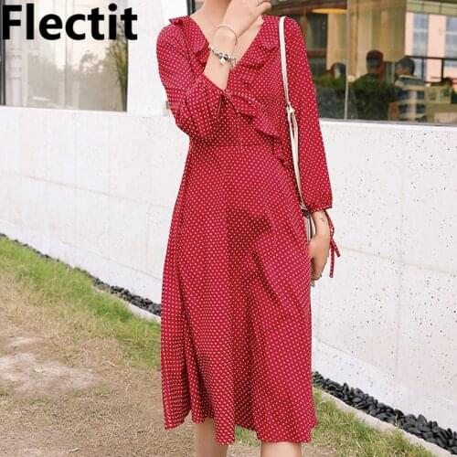 Flectit French Style Vintage Red Polka Dot Dress Tie Ruffled V Neck Women Midi Polka-Dot Dress Retro Chic Parisian Style Dress