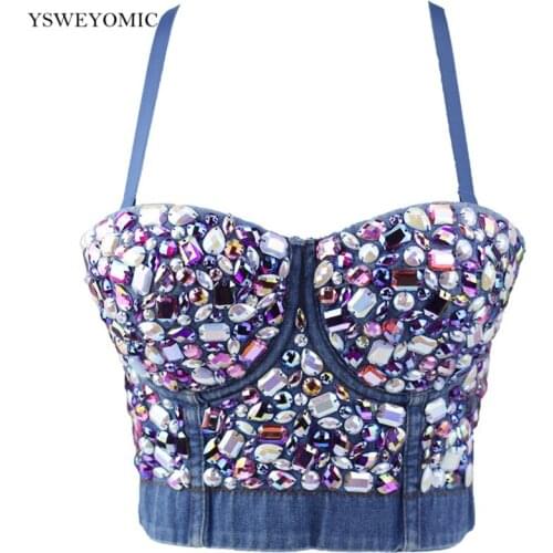 2020 new Hand-made Colored Rhinestone Denim Crop Top Bustier Push Up Tank Tops Women Sexy Vest for Night Club Party