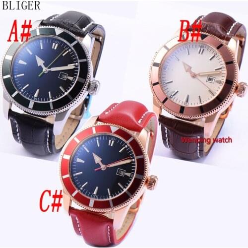 46mm black/white Sterile dial date window luminous black bezel leather strap Automatic movement mens watch