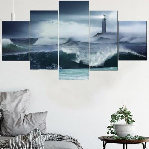 5 Pieces Wall Art Canvas Painting Lighthouse In Storm Seascape Poster Home For Decoration Pictures Modern Living Room Modular