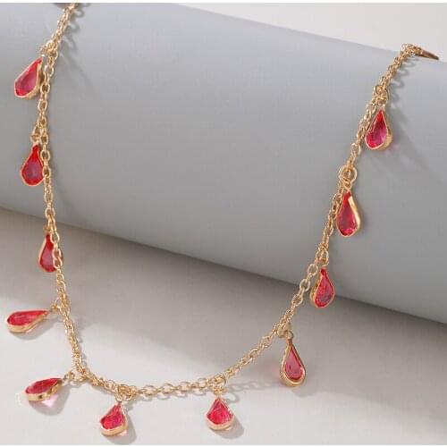 Tocona Luxury Water Drop Red Rhinestone Tassel Chain Choker Necklace for Women Gold Collor Handmade Party Jewelry Gift 15779