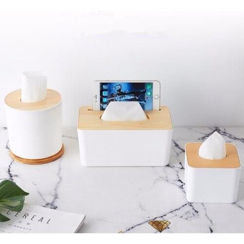Home Kitchen Wooden Cover Tissue Box Solid Wood Napkin Storage Box Durable Stylish Storage Box Paper Box with Mobile Phone Rack