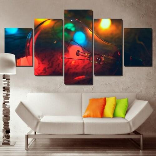 Canvas Art Printed And Poster Framework Abstract 5 Panel Colorful Lamp Bulb Painting Framed Modular Picture Christmas Decoration