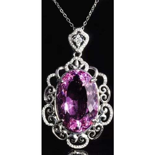 Fine Jewelry Inlay Oval Purple Crystal Zircon Luxury Geometric Pendant Necklace For Women Wedding Engagement Charm Neck Chain