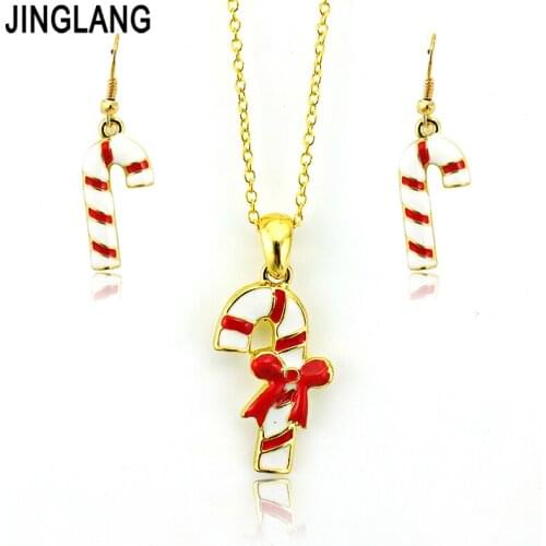 JINGLANG Christmas Decoration New Arrival Fashion Jewelry Sets Gold Color White Enamel Crutch Earrings Necklace Sets Jewelry