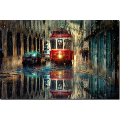 Abstract Retro City Painting Raining Street Landscape Posters and Prints on Canvas Art Wall Picture for Living Room Cudros