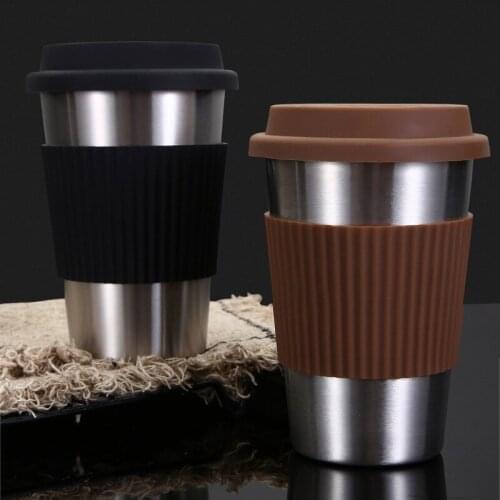 Stainless Steel Coffee Mug With Cover Silicone Insulated Anti-scald Milk Tea office Cup Cold Hot Car Mug Easy Cup Home Drinkware