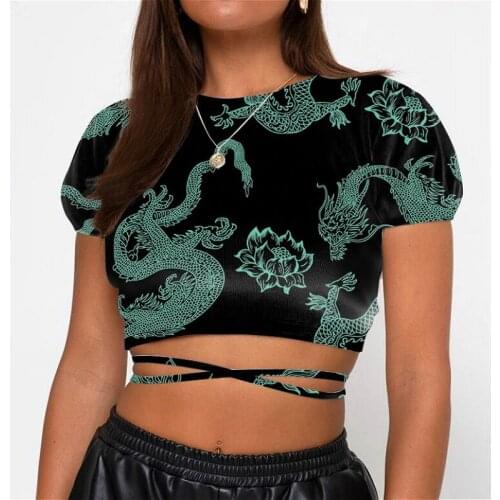 2021 Fashion T-shirt Women Summer Crop Tops Dragon Print Short Sleeve Backless Bandage Tee Tops Punk Club Sexy Shirts Female