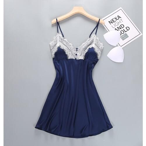 Summer Nightdress Lace Nightwear Satin Sexy Night Shirts Silk Sleepwear Women Nightgowns Sleepshirts with Chest pads