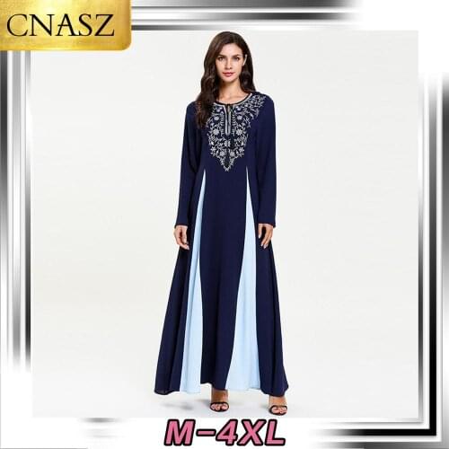 Muslim Dress Dubai Turkey Large Size Womens Islamic Fashion Long-Sleeved Embroidered Fake Two Long Skirt Arab Middle East Dress