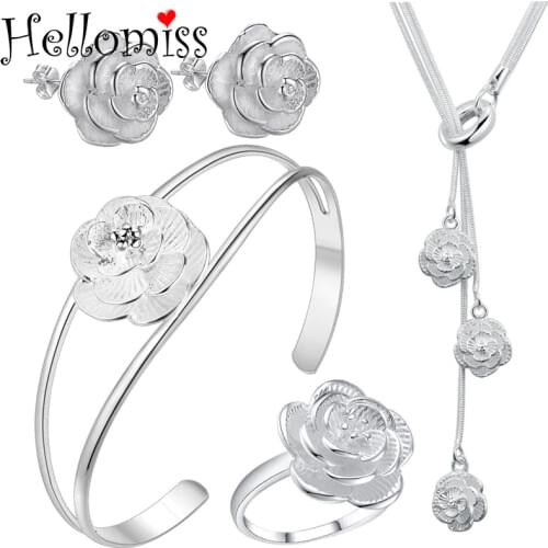 Fashion Silver Jewelry Sets for Women Flower Pendant Necklace+Earrings+Bangle 3 Pcs Costume Jewelry Set Women Accessories Bijoux