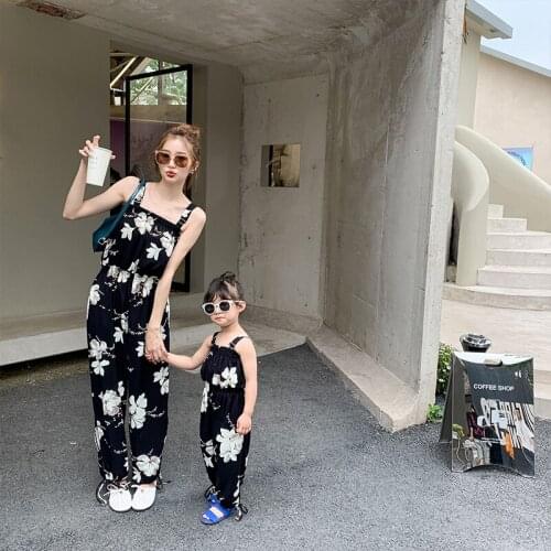 Family Matching Outfits Mommy and Daughter Sling Jumpsuit Floral Clothes for 7 Year Baby Girl Polyester Pants Summer Sleeveless
