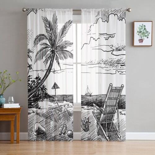 Beach Coconut Tree Chair Boat Sketch Black And White Tulle Window Treatment Sheer Curtains for Living Room Bedroom Decoration