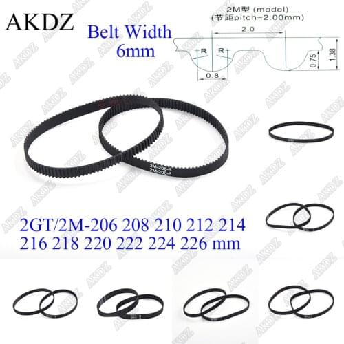 2MGT 2M 2GT Synchronous Timing belt Pitch length 206 208 210 212 214 216 218 220 222 224 226 width 6mm Rubber closed