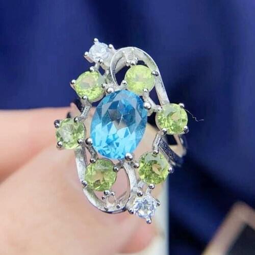 Natural real blue topaz peridot luxury ring Per jewelry 2.5ct*1pc 0.3ct*6pcs gemstone 925 sterling silver Fine jewelry T215115