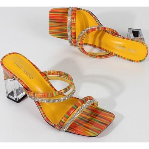 Womens Sandals Fashion Chain Strap Open Toe High Heel Sandals Crystal Square Heel Fashion Casual Slippers 8.5CM