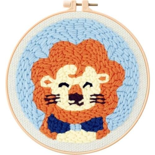 Lion Punch Needle Starter Kit, Beginner Punch Needle Kit with Adjustable Hoop, Yarn, Burlap with a Pattern, English Manual
