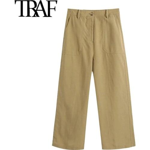 TRAF Women Fashion Side Pockets Loose-Fitting Straight Pants Vintage High Waist Zipper Fly Female Ankle Trousers Mujer
