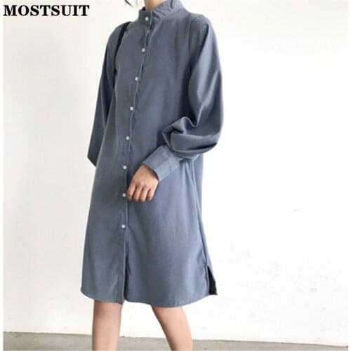 Vintage Stand Collar Shirt Dress Elegant Lantern Sleeve Loose Single-breasted Women Solid Dresses Ladies Casual Vestidos Mujer