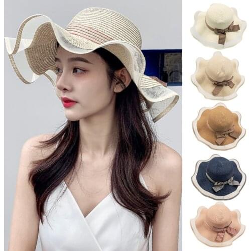 Women Summer Straw Sun Hat 2021 Female Outdoor Wavy Mesh Large Wide Brim Sun Protection Cap Lady Casual Travel Beach Hat