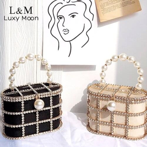 Women Diamond Clutch Bag Wedding Hollow Out Metal Basket Evening Bag Female Luxury Pearl Chain Handle Purses And Handbags X556H